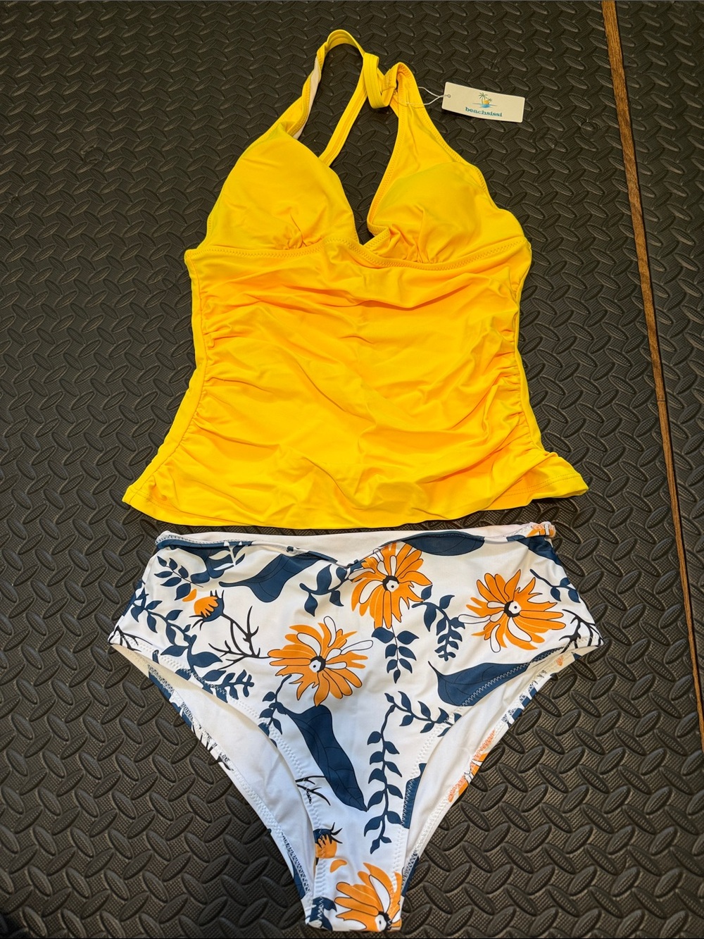 Yellow Ruched Tankini Top with Floral High-Waist Bottoms - Women Swim